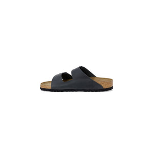 Black Birkenstock-style sandal with two wide leather straps, a molded cork footbed, and a black textured sole.