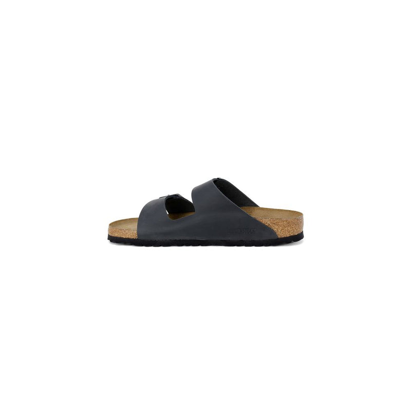 Black Birkenstock-style sandal with two wide leather straps, a molded cork footbed, and a black textured sole.