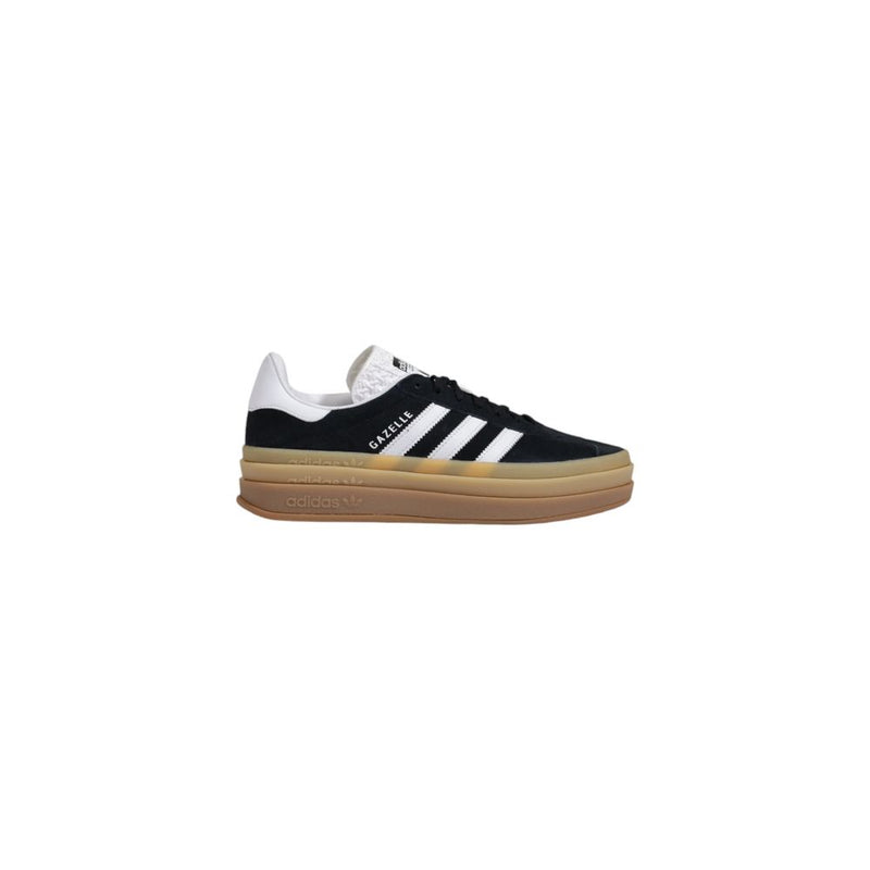 Adidas Originals Gazelle black suede low-top sneaker with white stripes and a thick, layered gum platform sole.