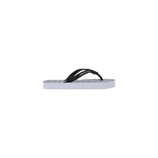 Armani Exchange rubber flip-flops with black straps and white sole featuring a black grid pattern.