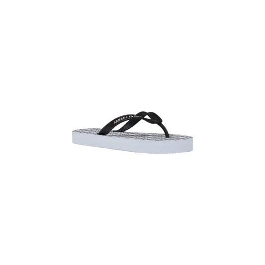 Armani Exchange rubber flip-flop with a black branded strap and a white footbed featuring a repeating logo pattern.