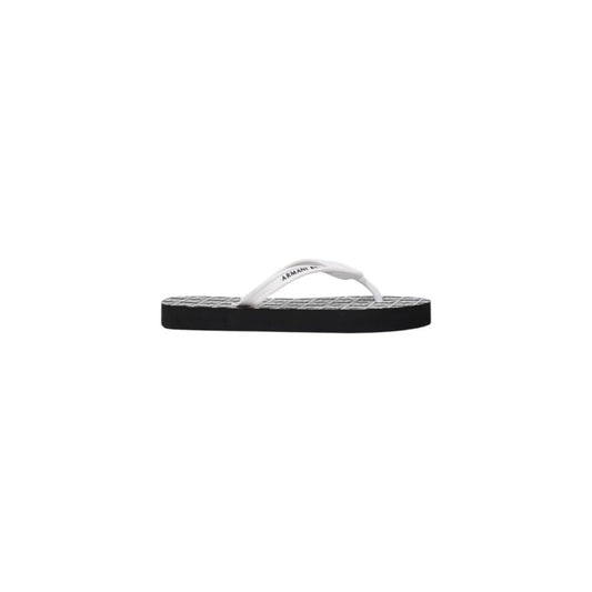 Armani Exchange rubber flip-flops with a white strap, black sole, and white grid pattern design.