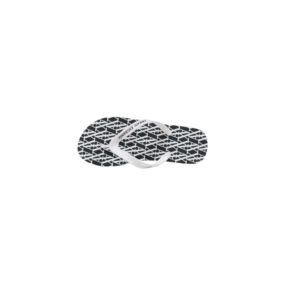 Armani Exchange black rubber flip-flop sandals with white straps and a repeating graphic logo pattern on the footbed.