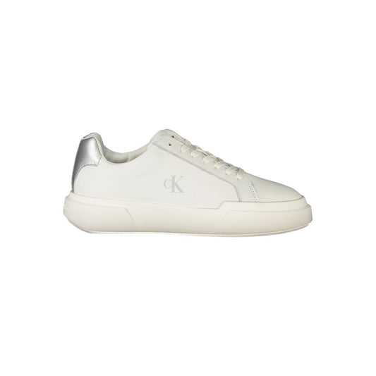 White polyurethane Calvin Klein lace-up sneaker with silver heel accent and platform sole.