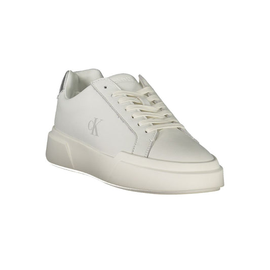 White Calvin Klein polyurethane platform sneaker with lace-up closure and side logo.