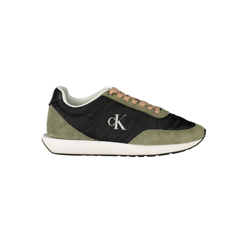 Calvin Klein women’s sneaker in black polyester and olive suede with a white sole and logo detailing.