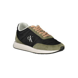Calvin Klein women's sneaker in black polyester and olive suede with a white sole and CK logo.