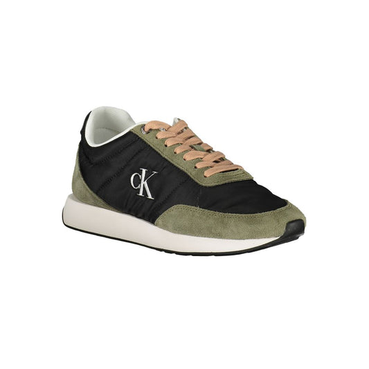 Calvin Klein women's sneaker in black polyester and olive suede with a white sole and CK logo.