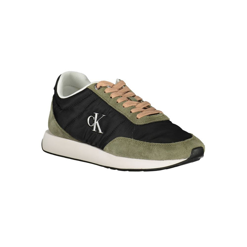 Calvin Klein women's sneaker in black polyester and olive suede with a white sole and CK logo.