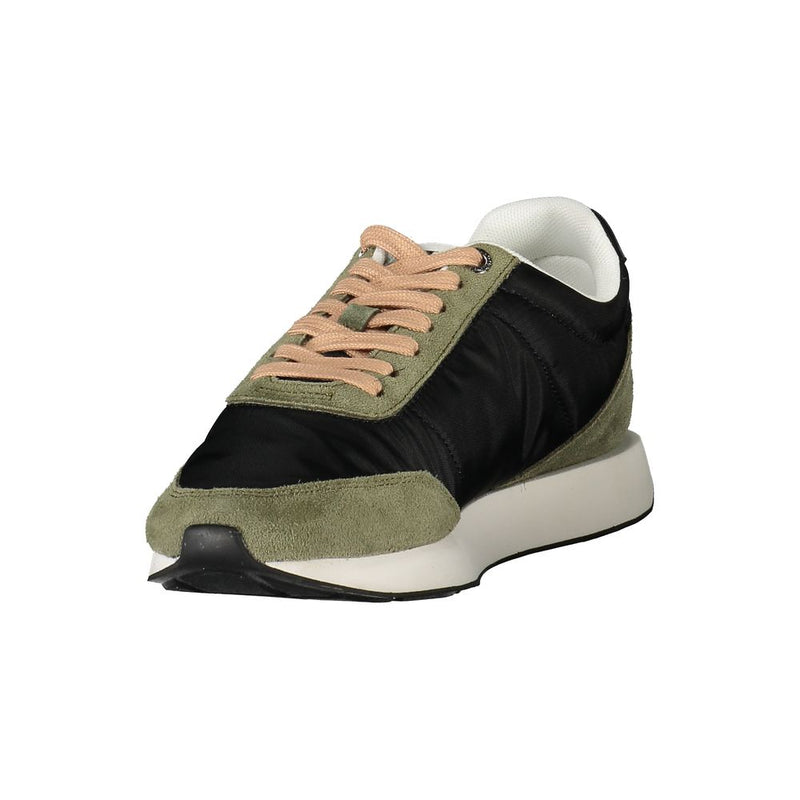 Calvin Klein women's sneaker in black polyester and olive suede with tan laces and a white rubber sole.