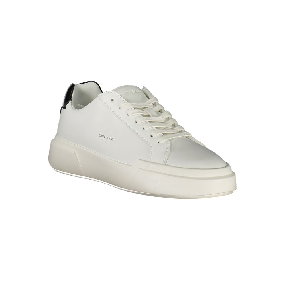 White polyurethane Calvin Klein women's sneaker with lace-up style and a thick, chunky rubber sole.