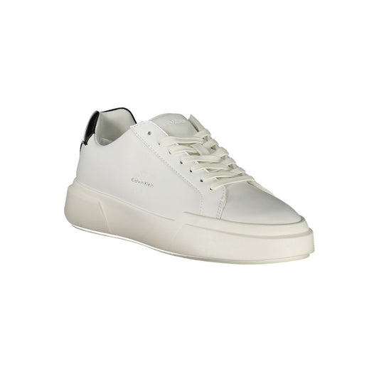 White Calvin Klein polyurethane sneakers with lace-up closure, chunky sole, and black heel accent.