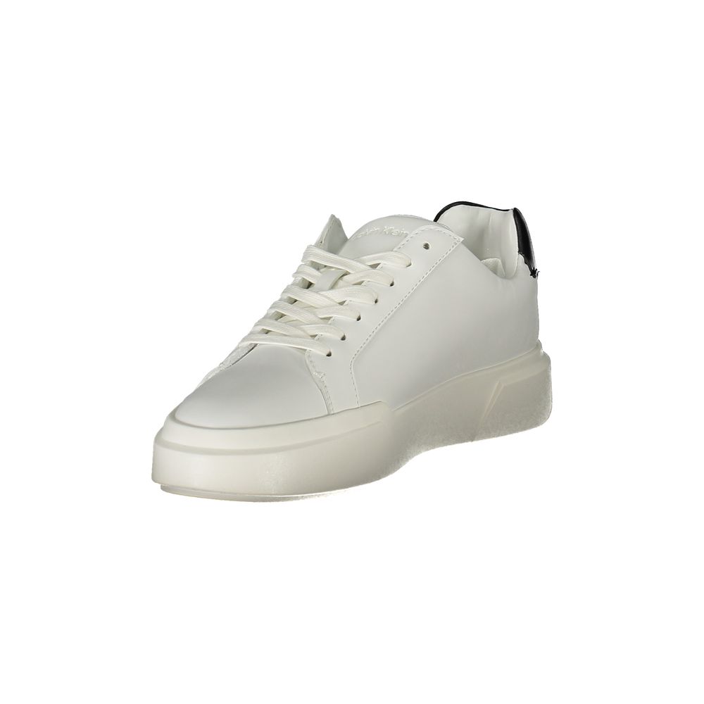 White polyurethane women's lace-up sneaker with a thick platform sole and a black heel tab accent.