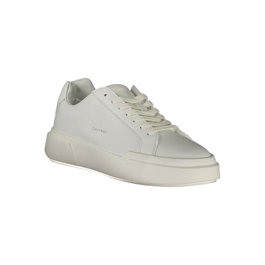 White Calvin Klein polyurethane sneakers with a platform sole, featuring a casual, low-top lace-up design.