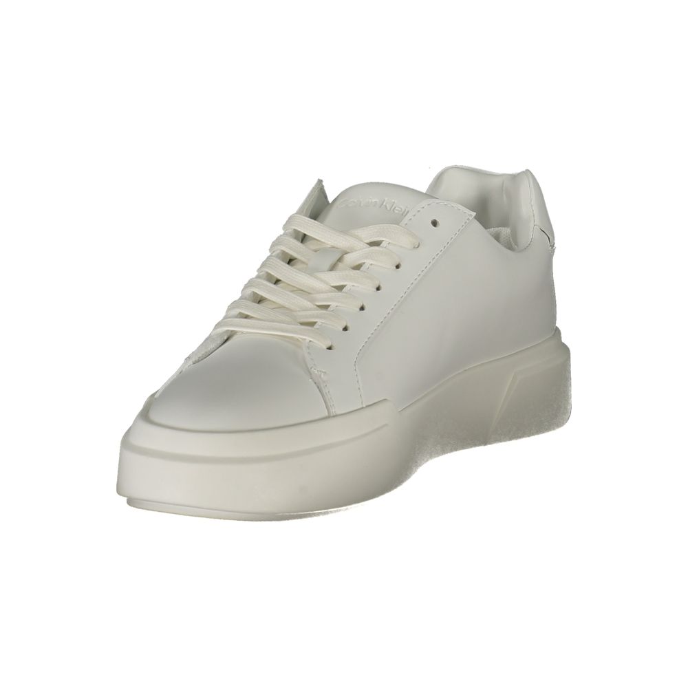 White Calvin Klein polyurethane women's sneaker with lace-up closure and a chunky platform sole.