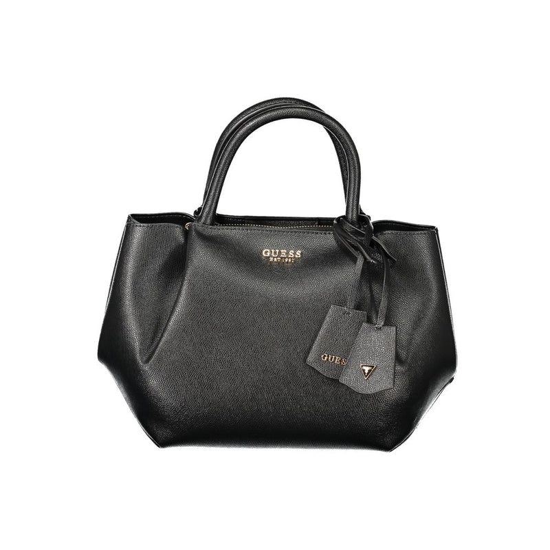 Black polyurethane women's handbag with structured dual top handles and gold logo lettering