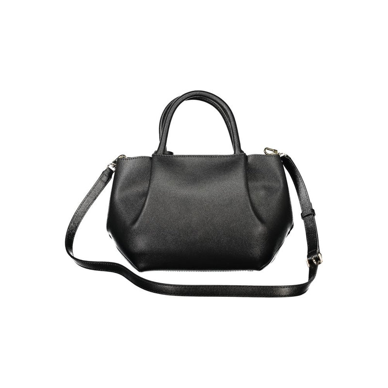 Black polyurethane women's handbag with top handles and a shoulder strap