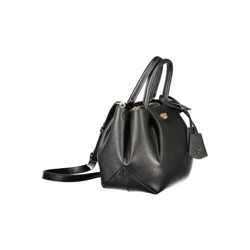 Black polyurethane women's handbag with structured dual top handles and a shoulder strap