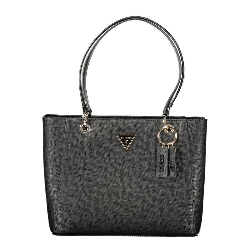 Black polyurethane women's tote handbag with dual shoulder straps and a gold tone logo charm