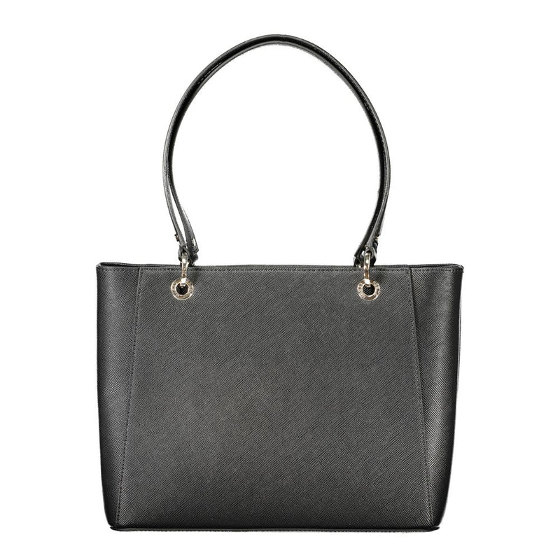 Black polyurethane women's tote handbag with dual shoulder straps and gold hardware
