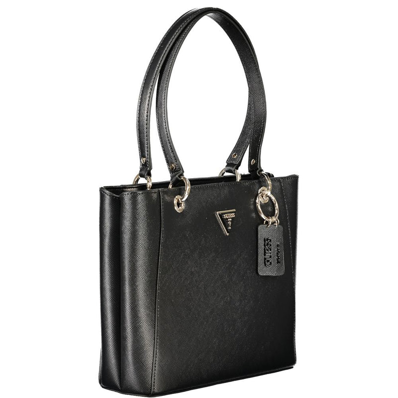 Black structured polyurethane tote handbag with dual top handles and metal hardware charm