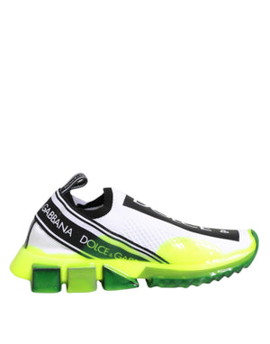 Black and white knit slip-on sneaker with neon green, chunky transparent sole and Dolce & Gabbana logo branding.