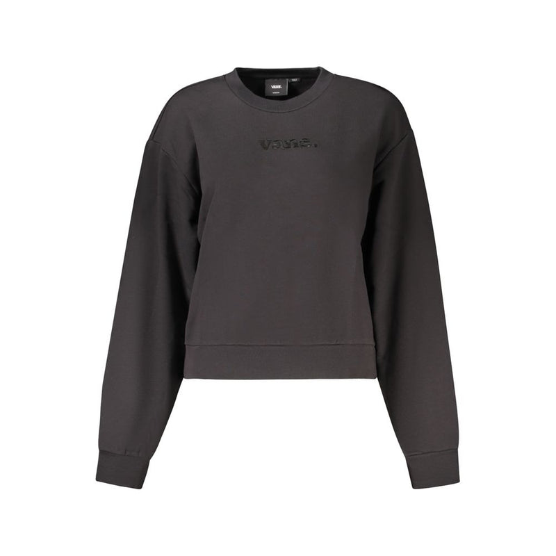 Black cotton women's crewneck sweatshirt with dropped shoulders and subtle black embroidered Vans logo on chest