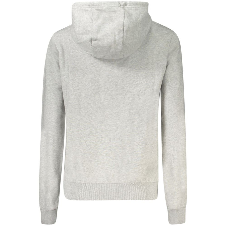 Grey cotton women's hooded sweatshirt with long sleeves and drawstring hood