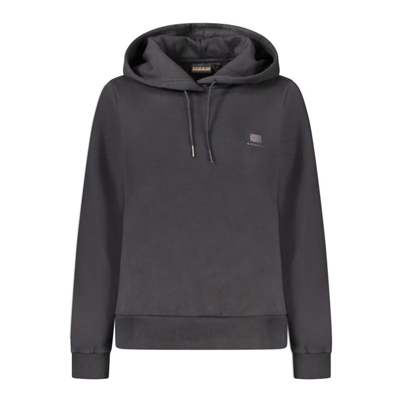 Black cotton women's hoodie with a drawstring hood and subtle chest logo
