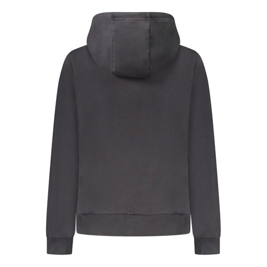 Back view of a plain black cotton women's hoodie with a hood and ribbed cuffs