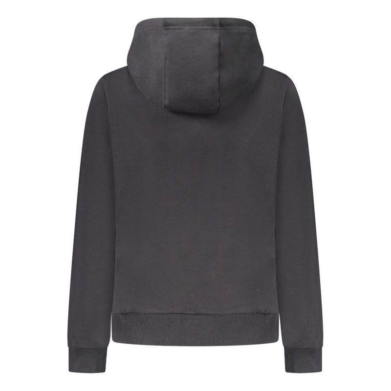 Back view of a plain black cotton women's hoodie with a hood and ribbed cuffs
