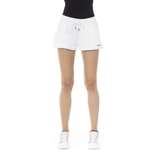 White cotton women's sweatshorts with a drawstring waistband and small logo on the hem