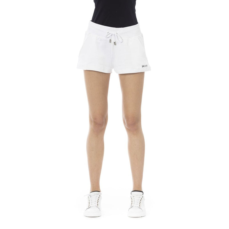 White cotton women's sweatshorts with a drawstring waistband and small logo on the hem