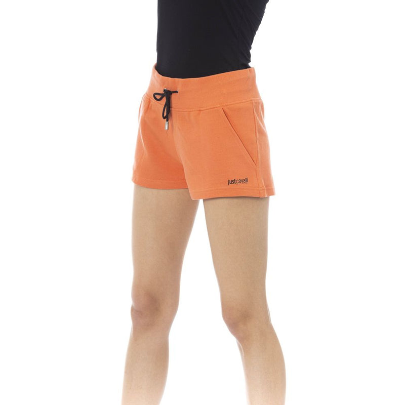 Orange cotton women's sweatshorts with black drawstring and logo