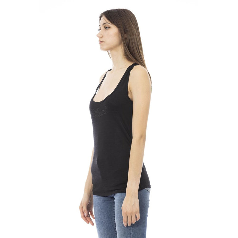 Black viscose sleeveless scoop neck tank top worn with blue jeans