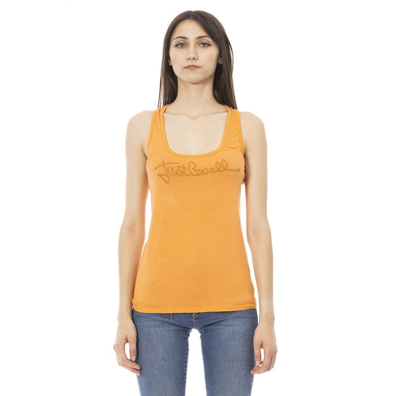 Orange viscose scoop neck tank top with rhinestone logo on chest worn with jeans