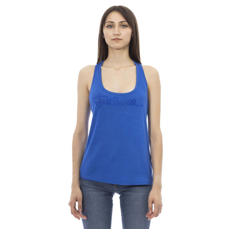 Blue viscose women's tank top with a scoop neckline and rhinestone logo