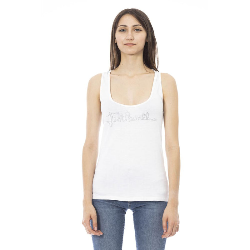 White viscose women's tank top with a scoop neck and rhinestone logo
