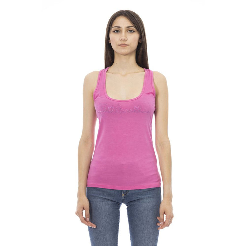 Just Cavalli pink viscose tank top with scoop neck and embellished logo script