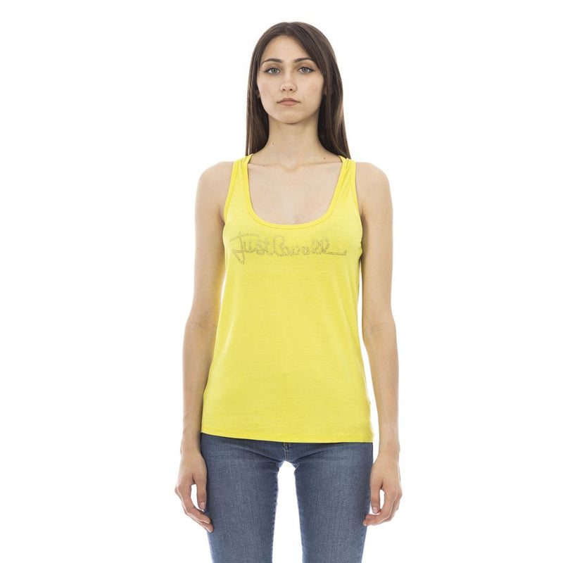 Yellow viscose women tank top with a scoop neckline and rhinestone logo