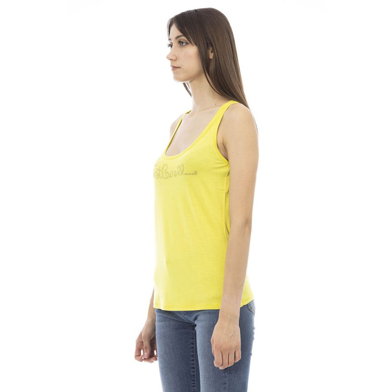 A yellow scoop neck tank top in soft viscose with a rhinestone logo graphic