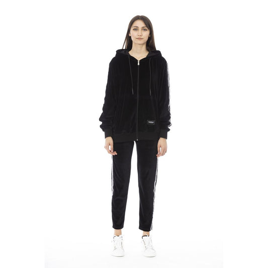 Black cotton zip-up hooded sweatshirt with pockets worn by a model