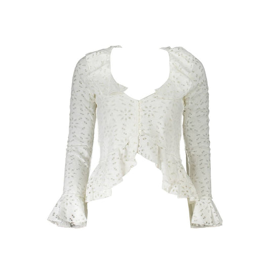 White cotton eyelet long sleeve blouse with ruffles and buttons