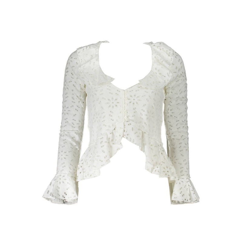 White cotton eyelet long sleeve blouse with ruffles and buttons