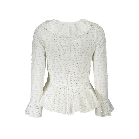 White cotton eyelet long sleeve blouse with ruffled collar and peplum hem