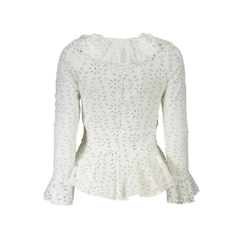 White cotton eyelet long sleeve blouse with ruffled collar and peplum hem
