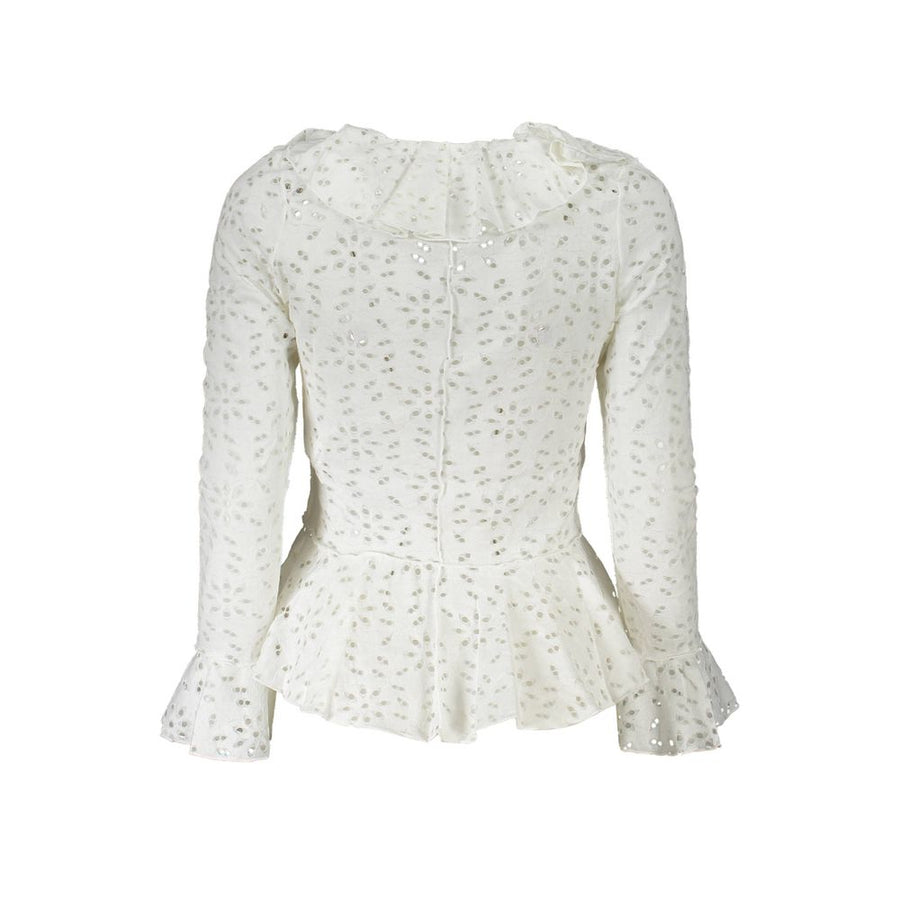 White cotton eyelet long sleeve blouse with ruffles and buttons