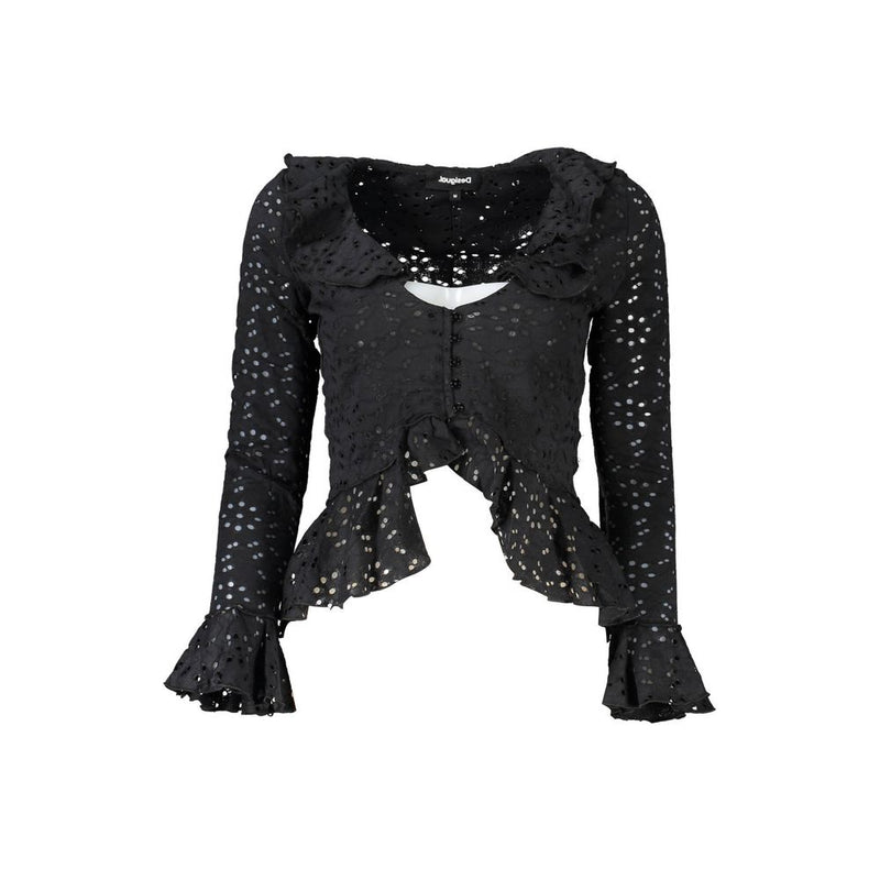 Black long-sleeve blouse with eyelet embroidery, ruffles, and a button-front closure