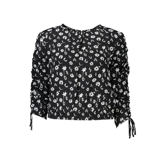 Black viscose blouse with white floral pattern, long sleeves with gathered details and cuffs, and a cinched hemline