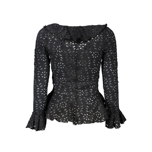 Black polyamide eyelet lace blouse with ruffles on collar, cuffs, and hem